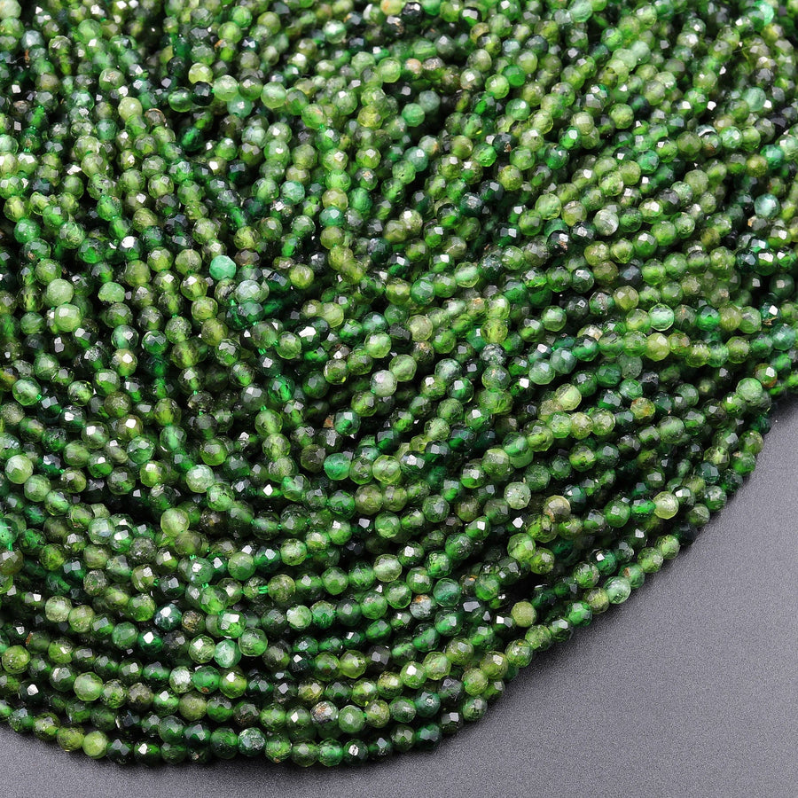 Micro Faceted Natural Green Tourmaline 2mm 3mm Round Beads Diamond Cut Gemstone 15.5" Strand