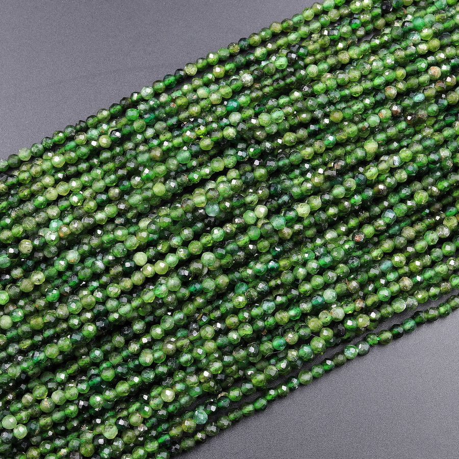 Micro Faceted Natural Green Tourmaline 2mm 3mm Round Beads Diamond Cut Gemstone 15.5" Strand