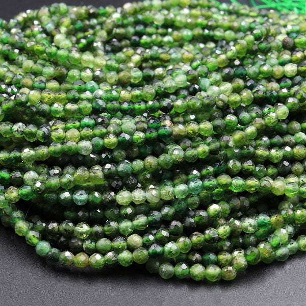 Micro Faceted Natural Green Tourmaline 2mm 3mm Round Beads Diamond Cut Gemstone 15.5" Strand