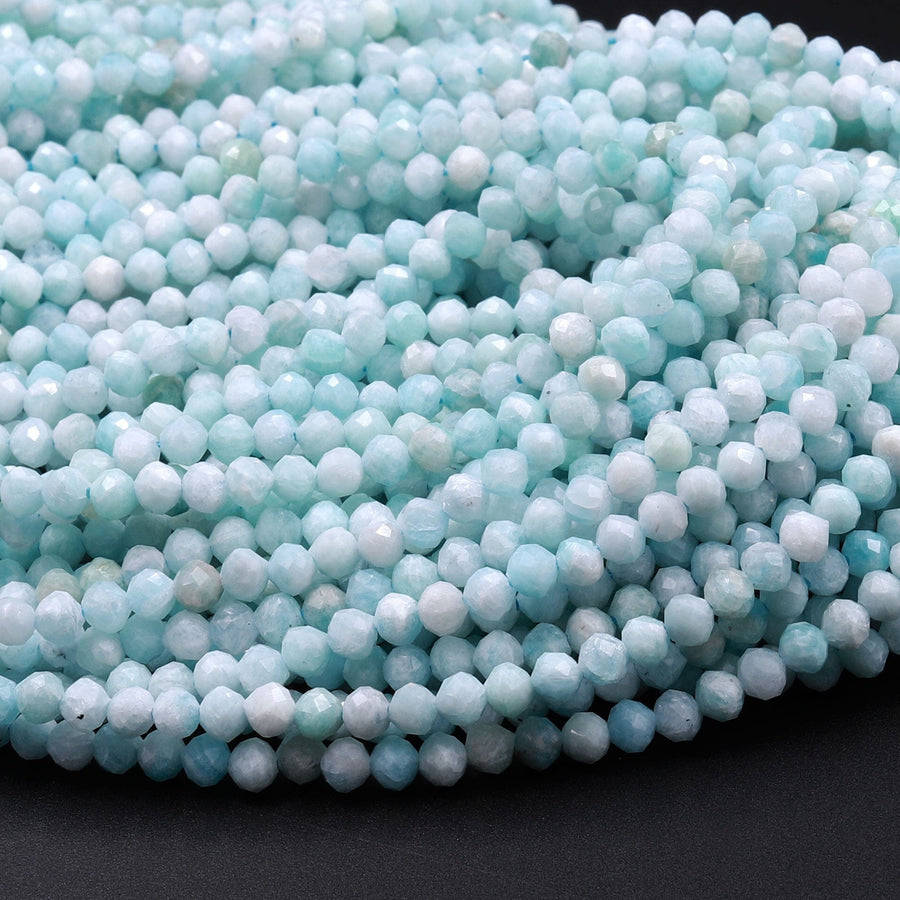 Brazilian Amazonite Faceted Round Beads 3mm Micro Faceted  Stunning Natural Soft Blue Laser Diamond Cut Gemstone 16" Strand