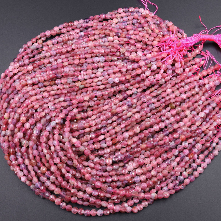 Faceted Pink Tourmaline Coin Beads 5mm 6mm Flat Disc Dazzling Facets Natural Gemstone 15.5&quot; Strand
