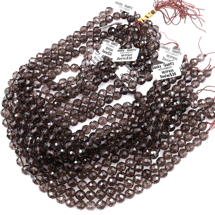 AA Faceted Smoky Quartz Round Beads 4mm 6mm 8mm 10mm Real Natural Quartz High Quality Gemstone 15.5" Strand