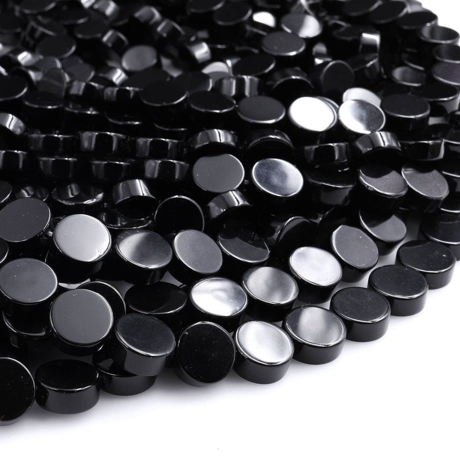 AAA Grade Natural Black Onyx Smooth Coin Beads 8mm 10mm 12mm Flat Disc 15.5" Strand