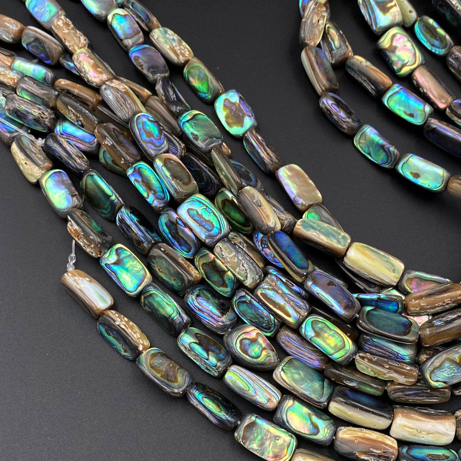 Natural Abalone Tube Beads Iridescent Rainbow Glow Blue Green Red Pink Flash 16" Strand