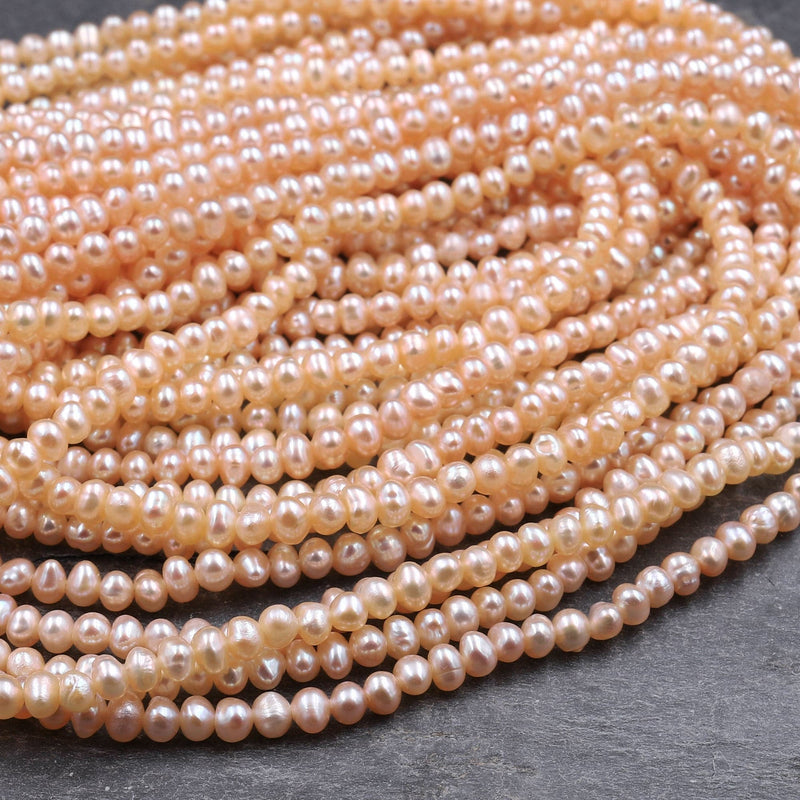 Genuine Freshwater Peach Seed Pearls 3mm 4mm Off Round Iridescent Pearl Beads 16" Strand