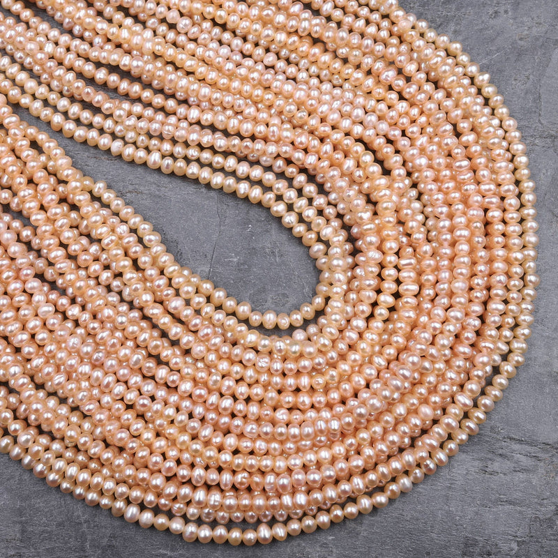 Genuine Freshwater Peach Seed Pearls 3mm 4mm Off Round Iridescent Pearl Beads 16" Strand
