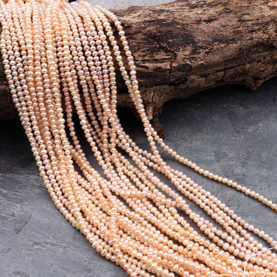 Genuine Freshwater Peach Seed Pearls 3mm 4mm Off Round Iridescent Pearl Beads 16" Strand
