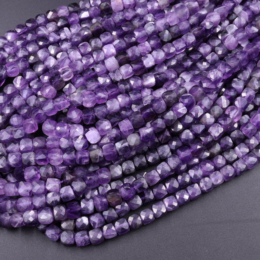 Natural Purple Amethyst 5mm Faceted Cube Square Dice Beads 16" Strand