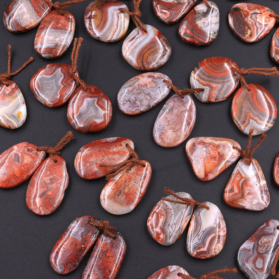 Drilled Red Laguna Lace Agate Freeform Earring Matched Gemstone Cabochon Stone Bead Pair