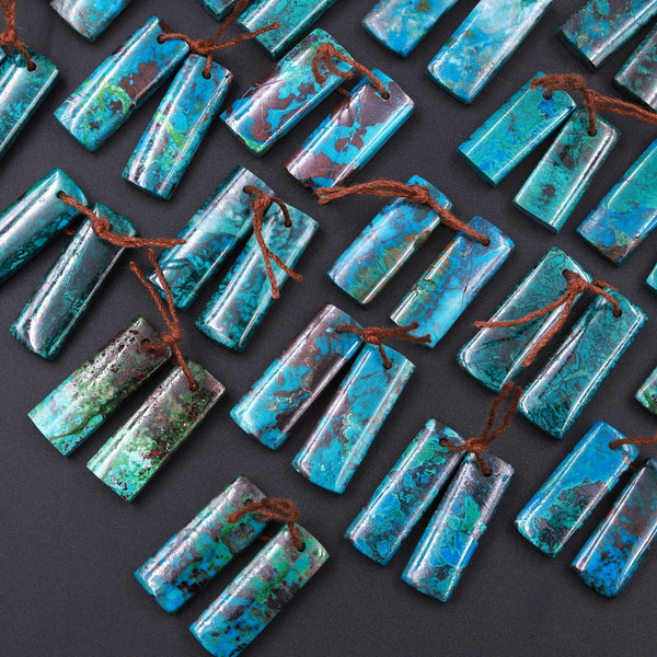 Drilled Parrot Wing Chrysocolla Short Rectangle Earring Pair Matched Natural Blue Red Gemstone Stone Beads
