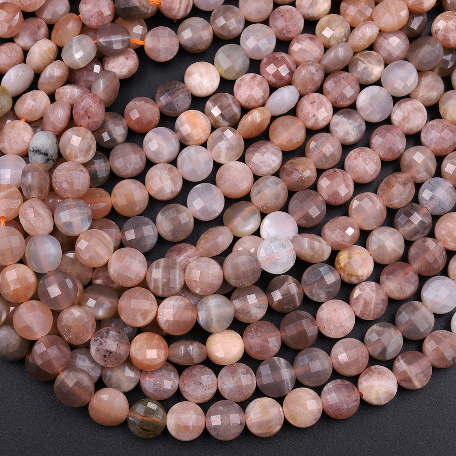 Faceted Multicolor Peach Moonstone 8mm Coin Beads Flat Disc Dazzling Facets Natural Gemstone 16" Strand