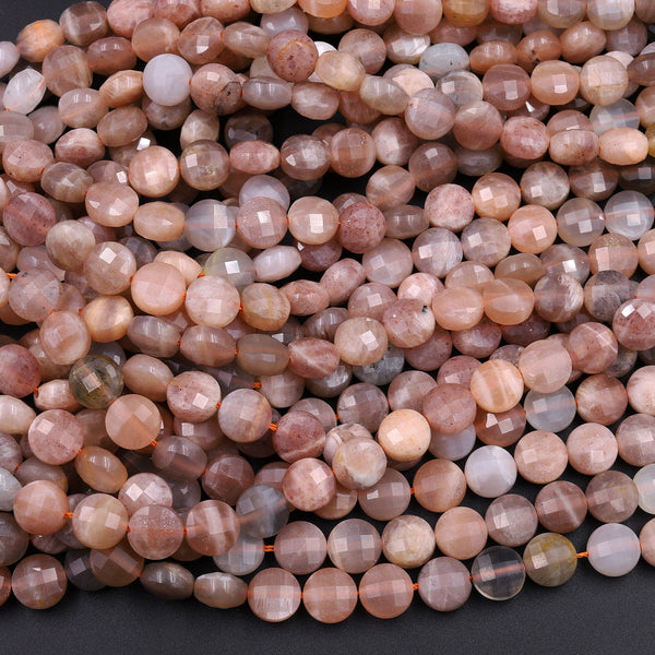 Faceted Multicolor Peach Moonstone 8mm Coin Beads Flat Disc Dazzling Facets Natural Gemstone 16" Strand