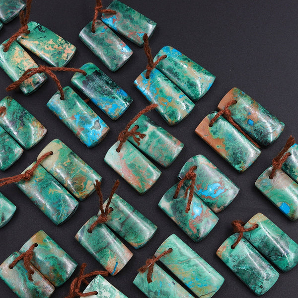 Natural Chrysocolla Earring Pair Drilled Short Rectangle Matched Stone Bead From Australia