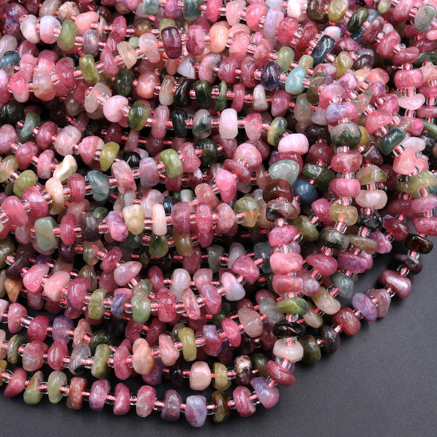 Natural Pink Green Tourmaline Beads Freeform Center Drilled Rondelle Disc Organic Cut Nuggets 15.5" Strand