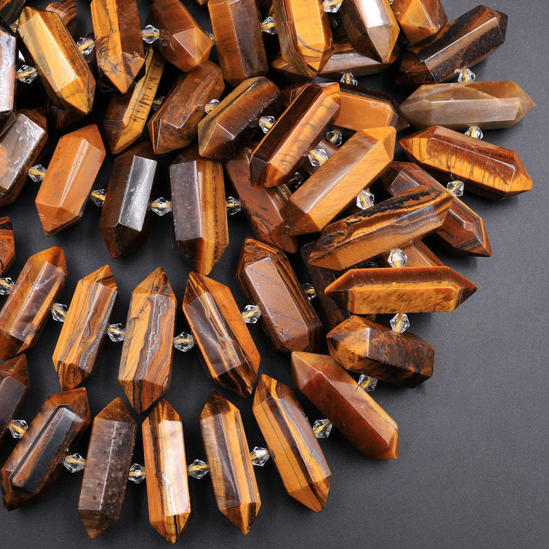 Double Terminated Tiger's Eye Beads Center Drilled Point Focal Pendant Stone 15.5" Strand