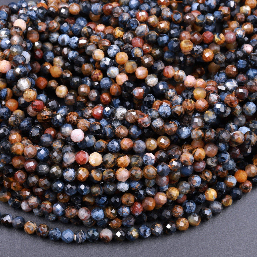 Genuine African Pietersite Faceted 2mm 3mm 4mm Round Beads Natural Brown Gold Blue Gemstone from Namibia South Africa 15.5" Strand