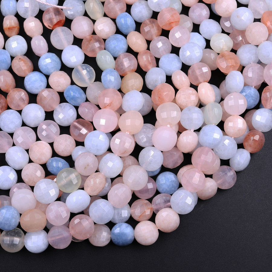 Faceted Blue Aquamarine Pink Morganite 8mm Coin Beads Flat Disc Dazzling Facets Natural Gemstone 15.5" Strand