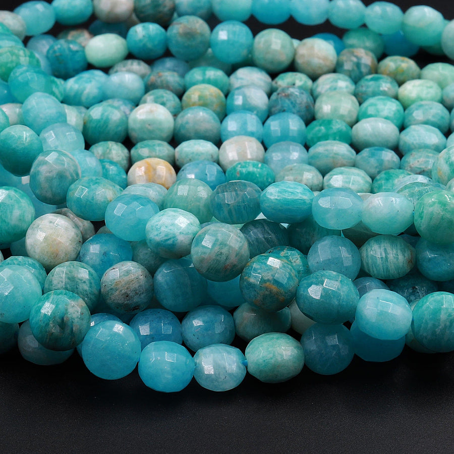 Faceted Peruvian Amazonite 8mm Coin Beads Flat Disc Dazzling Facets Natural Gemstone 15.5" Strand