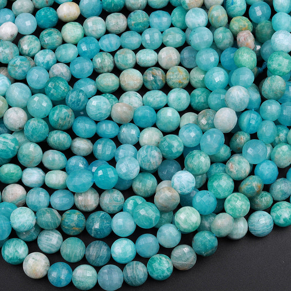 Faceted Peruvian Amazonite 8mm Coin Beads Flat Disc Dazzling Facets Natural Gemstone 15.5" Strand