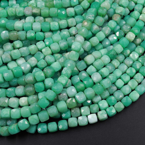 Natural Green Chrysoprase Faceted 5mm 6mm Cube Beads Micro Faceted Laser Diamond Cut 15.5" Strand