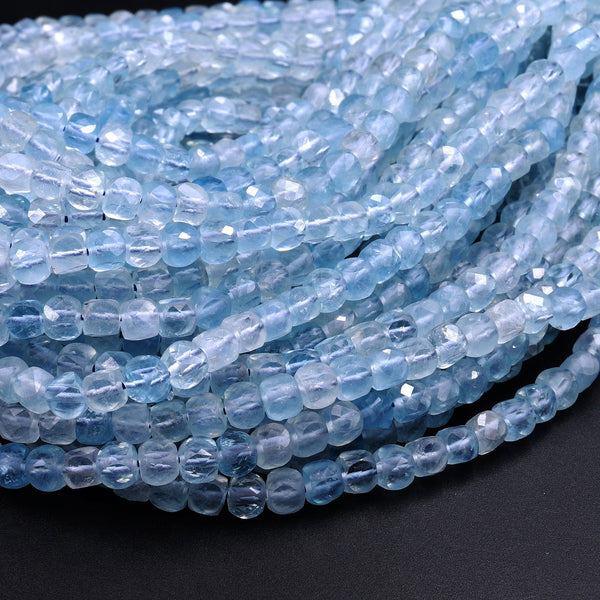 AAA Natural Blue Aquamarine Faceted 4mm Cube Beads Micro Faceted Laser Diamond Cut 15.5" Strand