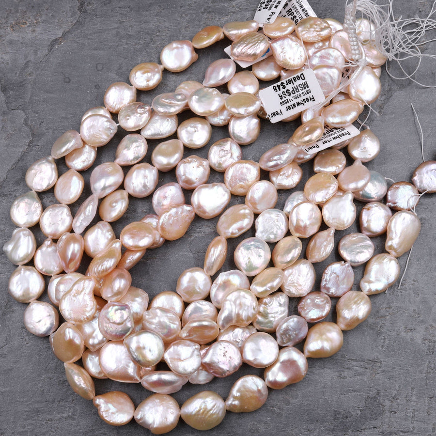 AA Large Natural Peach Coin Pearl Iridescent High Quality Real Genuine Freshwater Pearl Beads 16" Strand