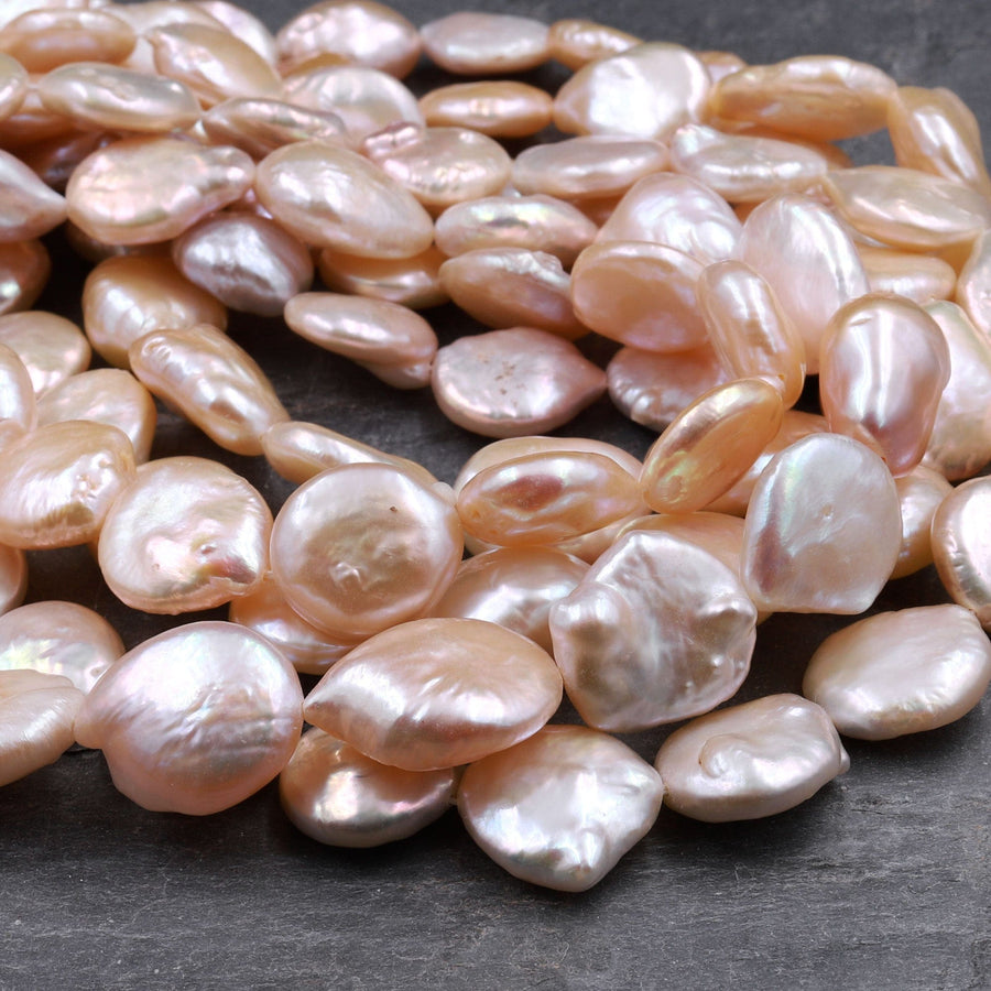AA Large Natural Peach Coin Pearl Iridescent High Quality Real Genuine Freshwater Pearl Beads 16" Strand