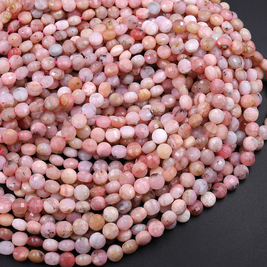 Peruvian Pink Opal 6mm 8mm Faceted Coin Beads Flat Disc Dazzling Facets Natural Gemstone 15.5" Strand
