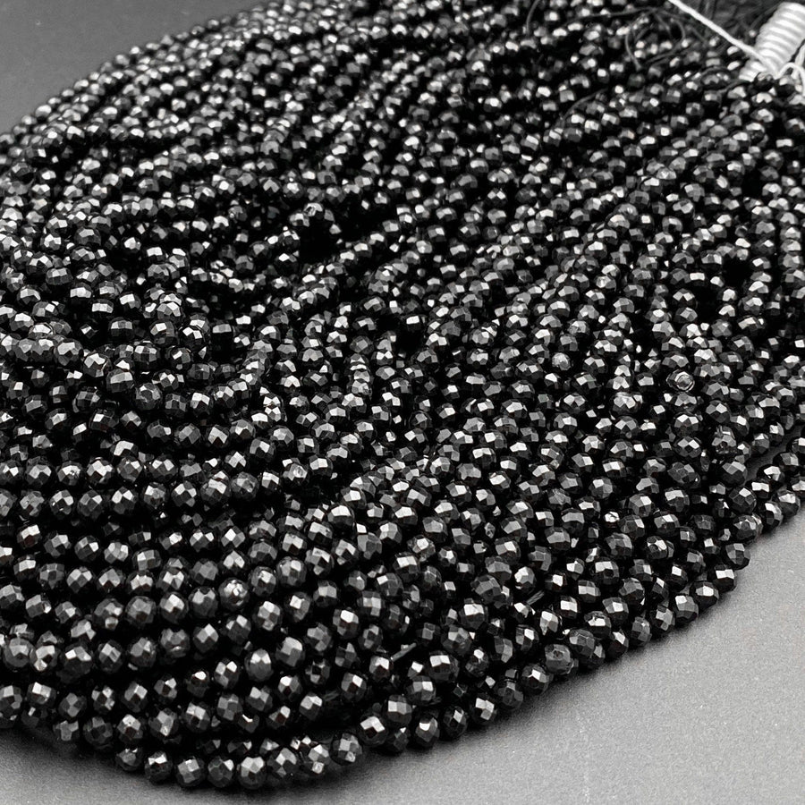 AAA Genuine Natural Black Tourmaline Faceted Round Beads 2mm 3mm 4mm 5mm Micro Diamond Cut Gemstone 15.5" Strand