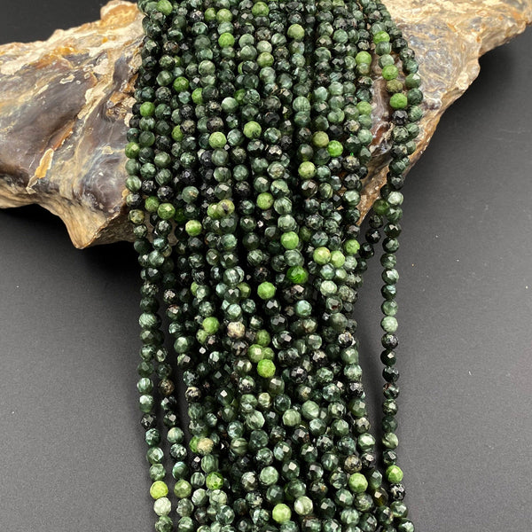 Genuine Natural Seraphinite Faceted Round Beads 2mm 3mm 4mm Micro Diamond Cut Green Gemstone From Russia 15.5" Strand