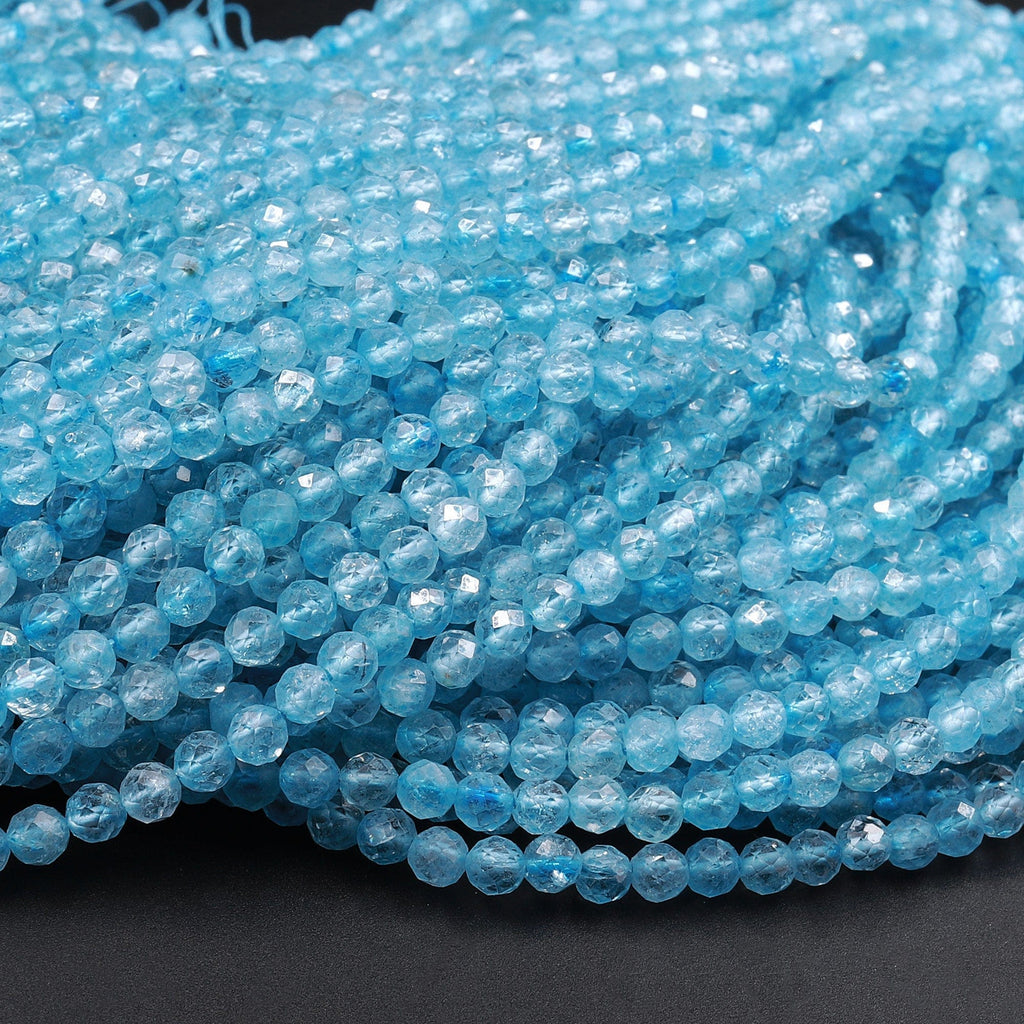Micro Faceted Blue Topaz 3mm 4mm Faceted Round Beads Laser Diamond Cut Gemstone 15.5" Strand