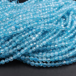 Micro Faceted Blue Topaz 3mm 4mm Faceted Round Beads Laser Diamond Cut Gemstone 15.5" Strand
