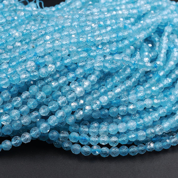 Micro Faceted Blue Topaz 3mm 4mm Faceted Round Beads Laser Diamond Cut Gemstone 15.5" Strand