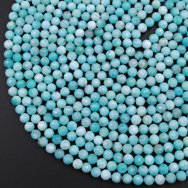 Micro Faceted Peruvian Amazonite Round Beads 4mm 6mm 8mm Stunning Natural Blue Laser Diamond Cut Gemstone 15.5" Strand