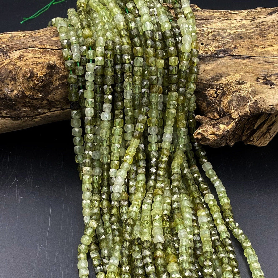 AAA Natural Green Garnet 5mm Faceted Cube Square Dice Beads 15.5" Strand