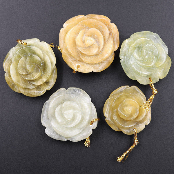 Large Hand Carved Natural Aquamarine Flower Pendant Drilled Real Genuine Green Yellow Aquamarine Gemstone Focal Bead