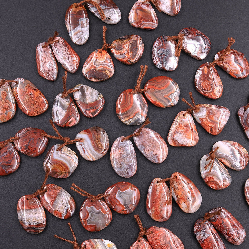 Drilled Red Laguna Lace Agate Freeform Earring Matched Gemstone Cabochon Stone Bead Pair