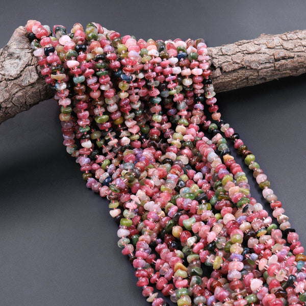 Natural Pink Green Tourmaline Beads Freeform Center Drilled Rondelle Disc Organic Cut Nuggets 15.5" Strand