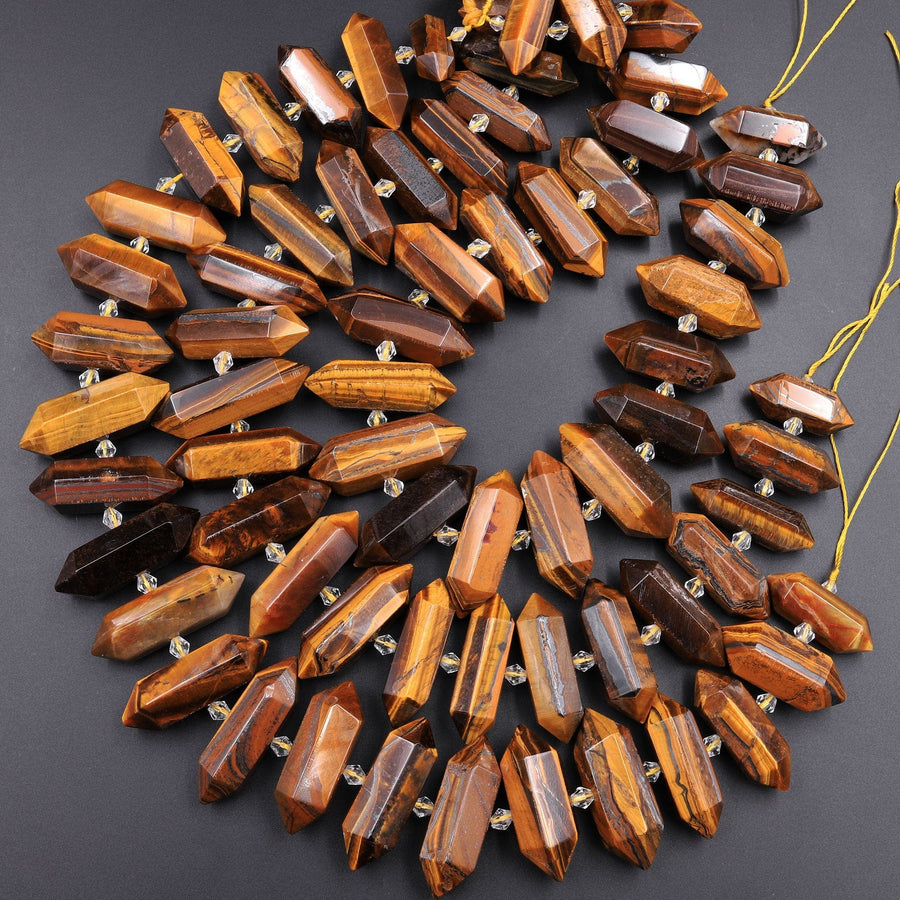 Double Terminated Tiger's Eye Beads Center Drilled Point Focal Pendant Stone 15.5" Strand