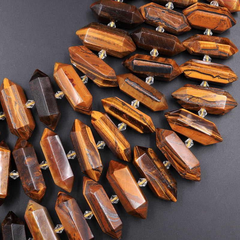 Double Terminated Tiger's Eye Beads Center Drilled Point Focal Pendant Stone 15.5" Strand