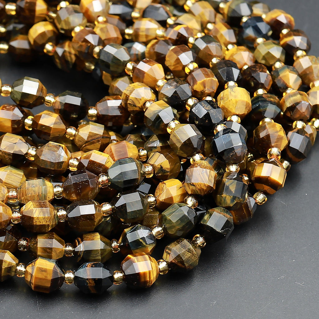 Natural Tiger Eye 8mm Beads Faceted Energy Prism Double Point Cut 15.5&quot; Strand