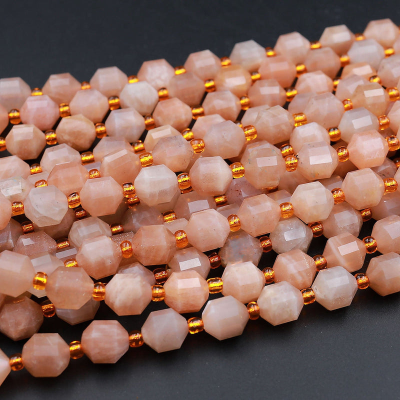 AAA Peach Moonstone 8mm Beads Faceted Energy Prism Double Point Cut 15.5&quot; Strand