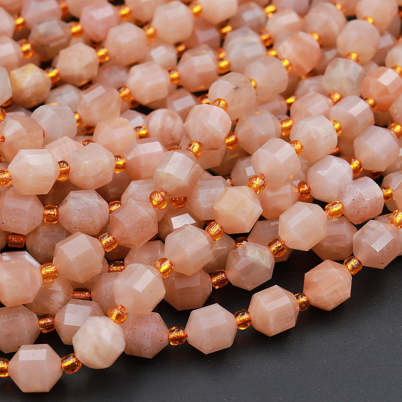 AAA Peach Moonstone 8mm Beads Faceted Energy Prism Double Point Cut 15.5&quot; Strand