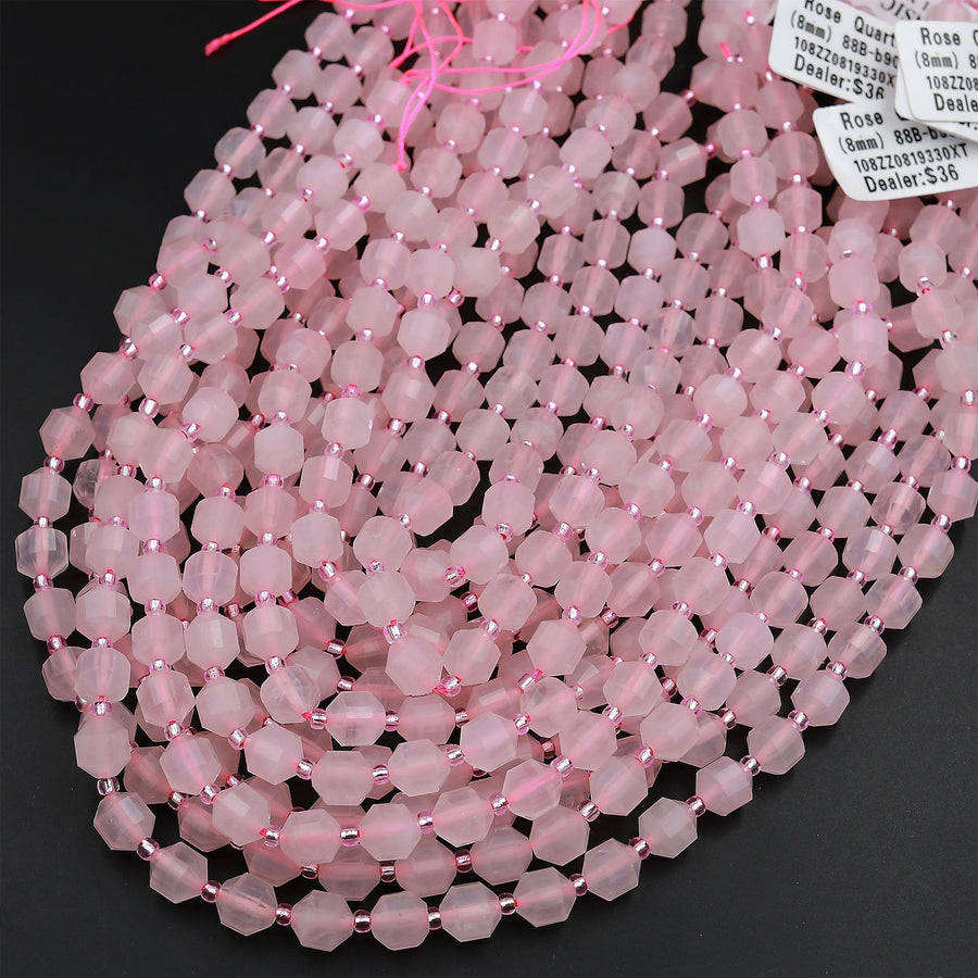 AAA Natural Pink Rose Quartz 8mm Beads Faceted Energy Prism Double Point Cut 15.5&quot; Strand
