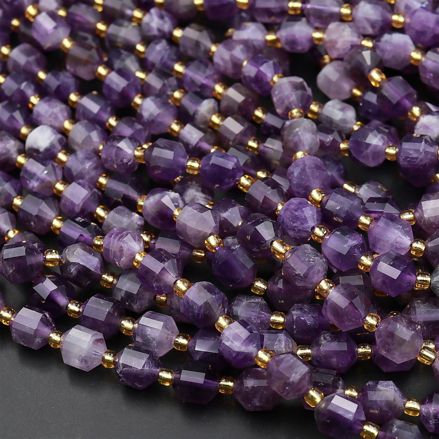 AAA Natural Purple Amethyst 8mm Beads Faceted Energy Prism Double Point Cut 15.5&quot; Strand