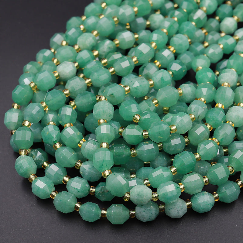 AAA Natural Green Aventurine 8mm Beads Faceted Energy Prism Double Point Cut 15.5&quot; Strand