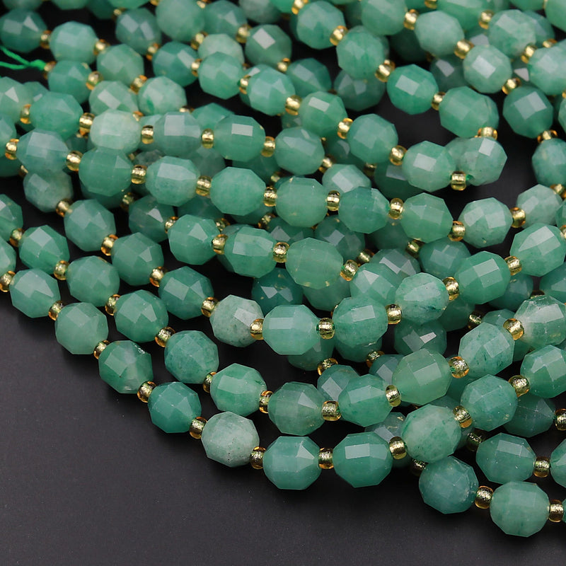 AAA Natural Green Aventurine 8mm Beads Faceted Energy Prism Double Point Cut 15.5&quot; Strand