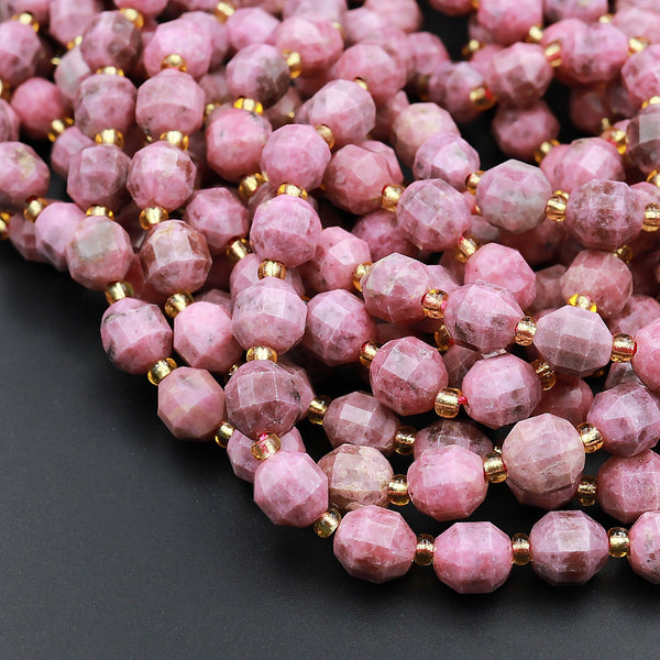 AAA Natural Rhodonite 8mm Beads Reddish Pink Stone Faceted Energy Prism Double Point Cut 15.5&quot; Strand