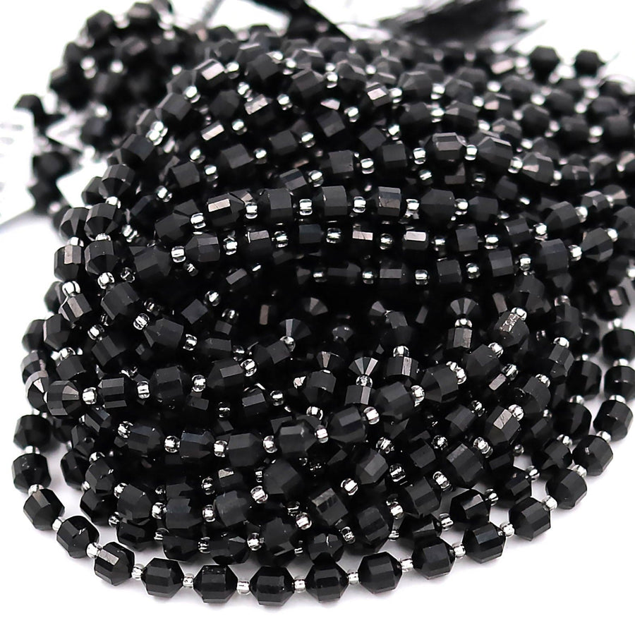 AAA Natural Black Tourmaline 8mm Beads Reddish Pink Stone Faceted Energy Prism Double Point Cut 15.5&quot; Strand