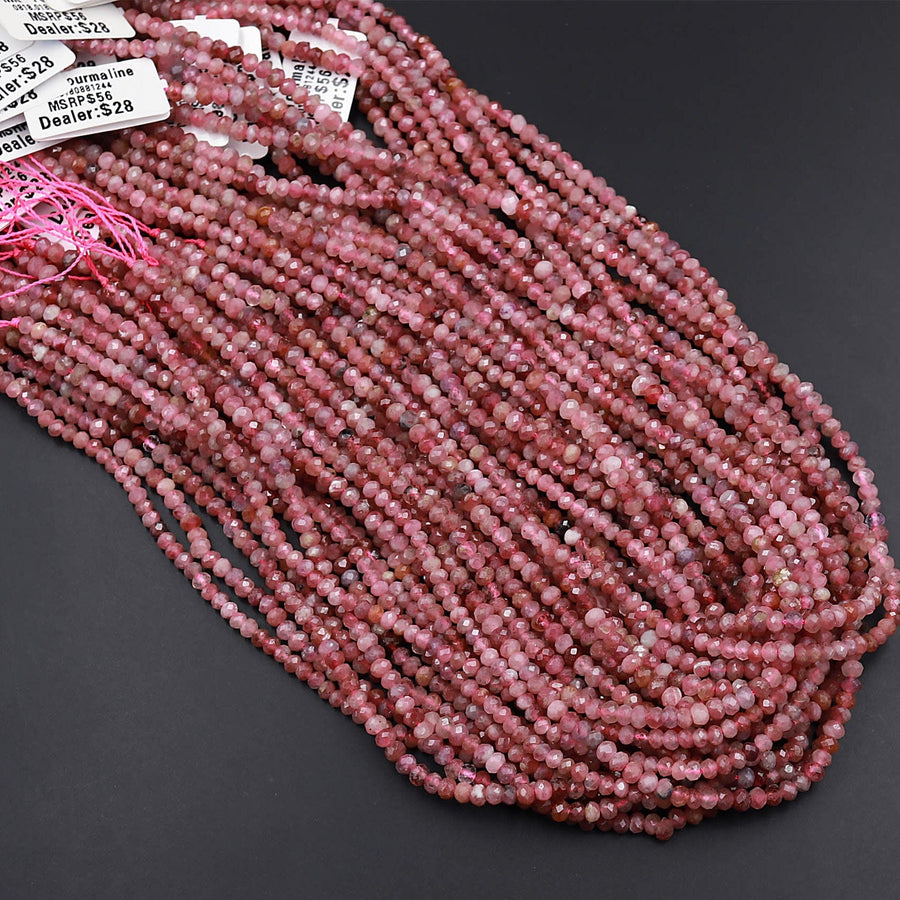 Faceted Natural Pink Tourmaline Rondelle 3mm 4mm Beads Diamond Cut Gemstone 15.5&quot; Strand